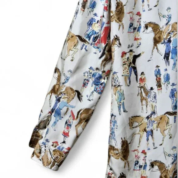 J.McLaughlin 100% Silk Equestrian Horse Print Blouse | Button Down Novelty Shirt - Picture 5 of 9